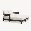 Outdoor daybed chaise lounge with beige cushion, pillows, rope backrest and dark aluminum frame