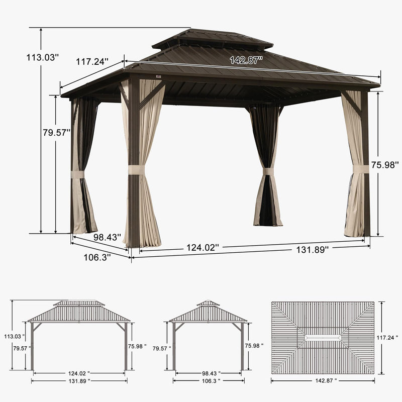 PURPLE LEAF  Outdoor Hardtop Gazebo Bronze Metal Frame Galvanized Steel Double Roof with Curtains and Netting for Patio Desk Backyard