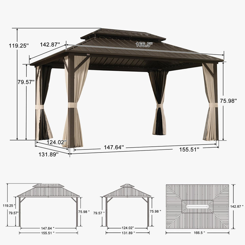 PURPLE LEAF  Outdoor Hardtop Gazebo Bronze Metal Frame Galvanized Steel Double Roof with Lights-clear