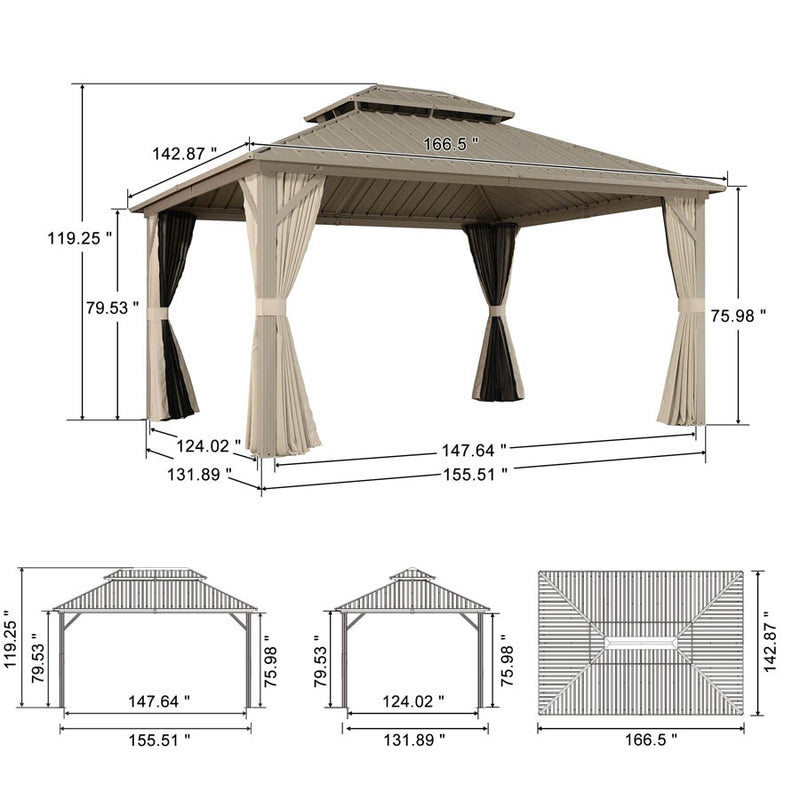 PURPLE LEAF Outdoor Hardtop Gazebo Champagne Metal Frame Galvanized Steel Double Roof with Curtains and Netting for Poolside