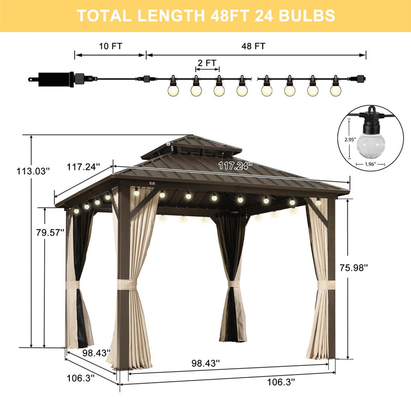 PURPLE LEAF  Outdoor Hardtop Gazebo Bronze Metal Frame Galvanized Steel Double Roof with String Lights