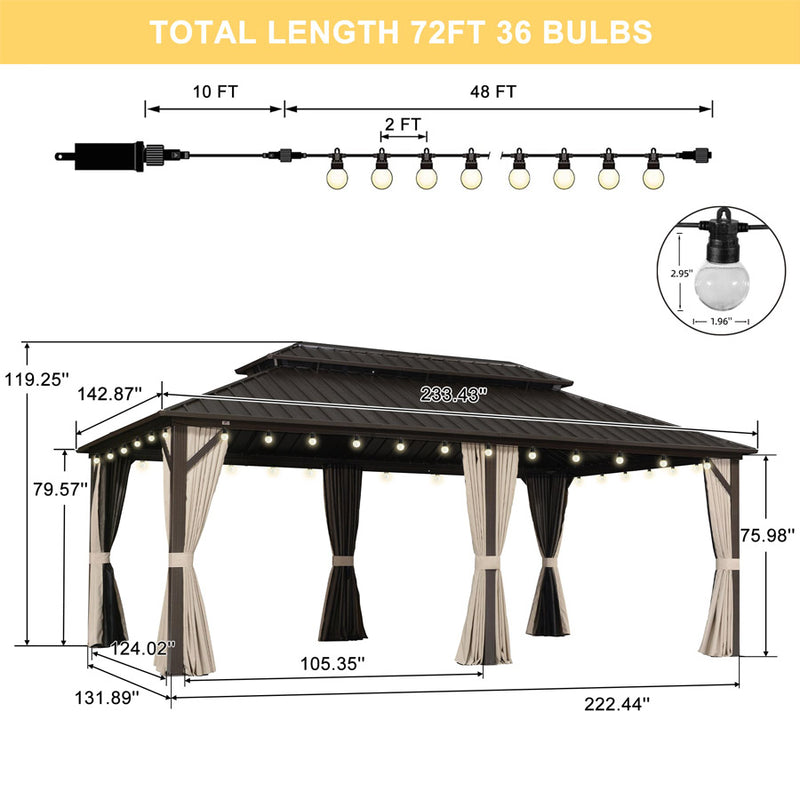 PURPLE LEAF  Outdoor Hardtop Gazebo Bronze Metal Frame Galvanized Steel Double Roof with Lights-clear