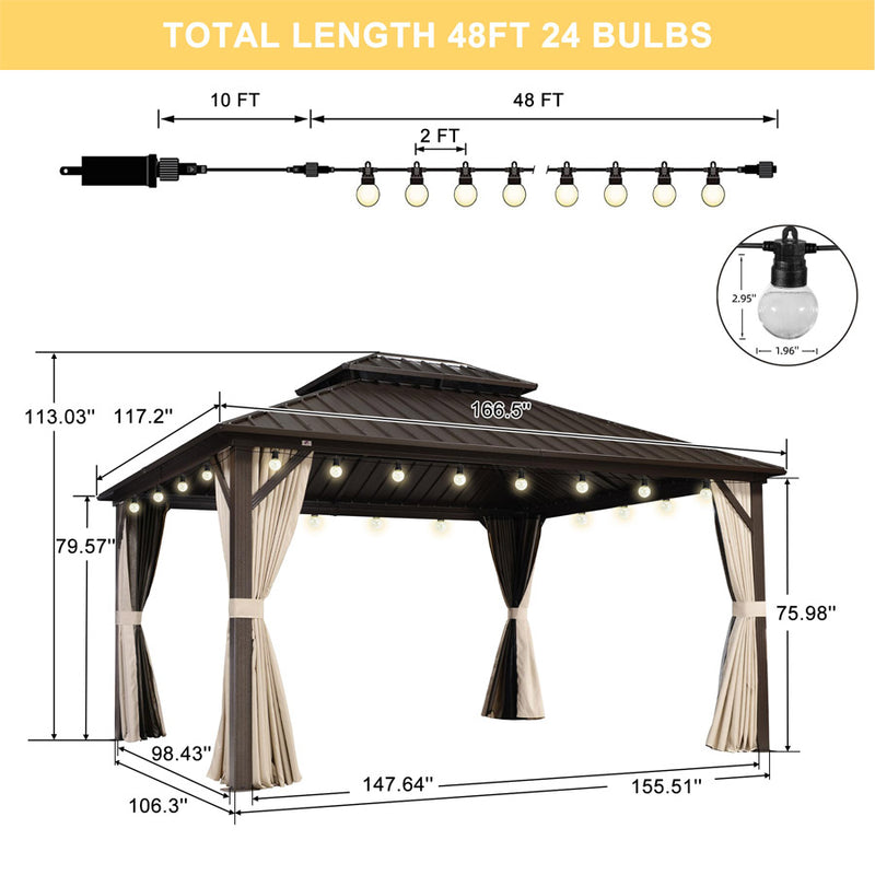 PURPLE LEAF  Outdoor Hardtop Gazebo Bronze Metal Frame Galvanized Steel Double Roof with String Lights