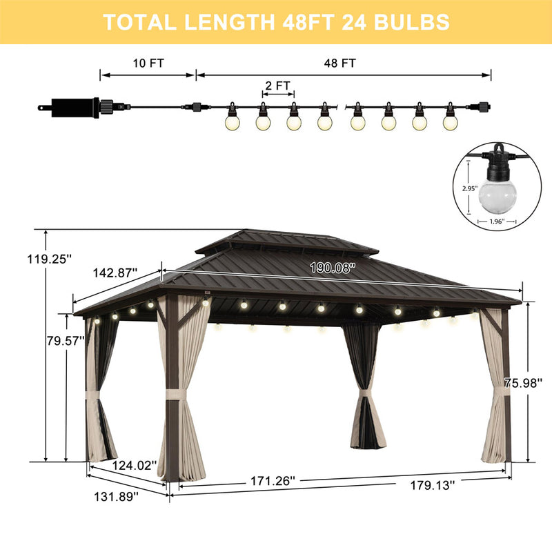 PURPLE LEAF  Outdoor Hardtop Gazebo Bronze Metal Frame Galvanized Steel Double Roof with String Lights