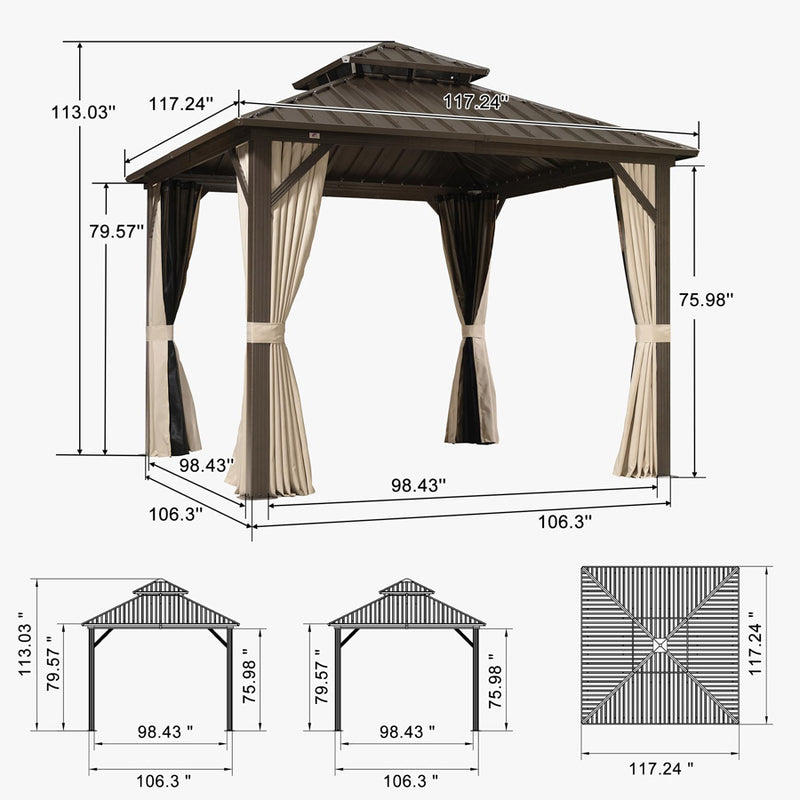 PURPLE LEAF  Outdoor Hardtop Gazebo Bronze Metal Frame Galvanized Steel Double Roof with Curtains and Netting for Patio Desk Backyard