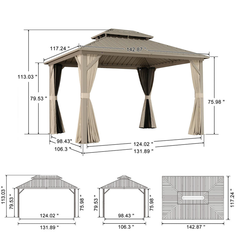 PURPLE LEAF Outdoor Hardtop Gazebo Champagne Metal Frame Galvanized Steel Double Roof with Curtains and Netting for Poolside