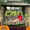 PURPLE LEAF 3 Person Outdoor Patio Porch Swing Gazebo with Netting & Gazebo Curtains with Canopy Swings for Adults