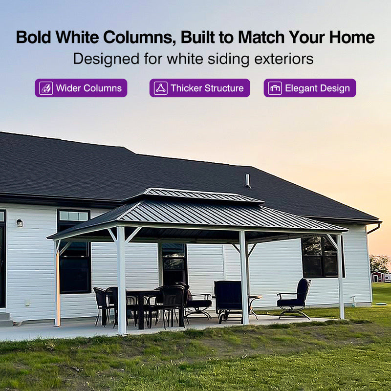 PURPLE LEAF Patio Hardtop Gazebo for Outdoor Grey Galvanized Steel Double Roof White Aluminum Poles with Curtains and Netting
