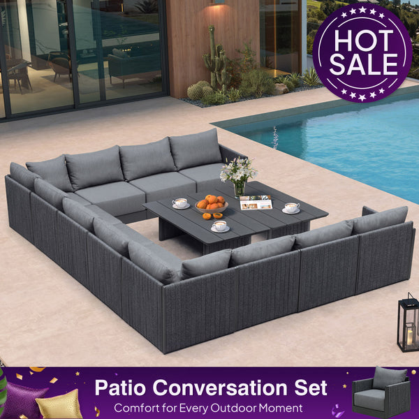 U-Shaped Modular Patio Sofa | Grey Cushions & Ottoman