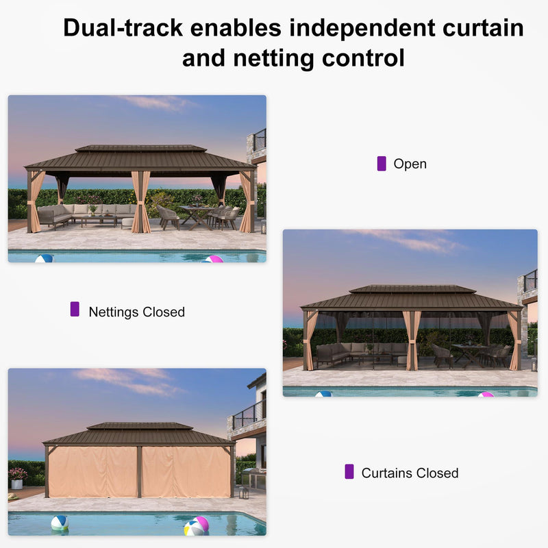 PURPLE LEAF Outdoor Hardtop Gazebo for Garden Bronze Double Roof Aluminum Frame Pavilion with String Lights