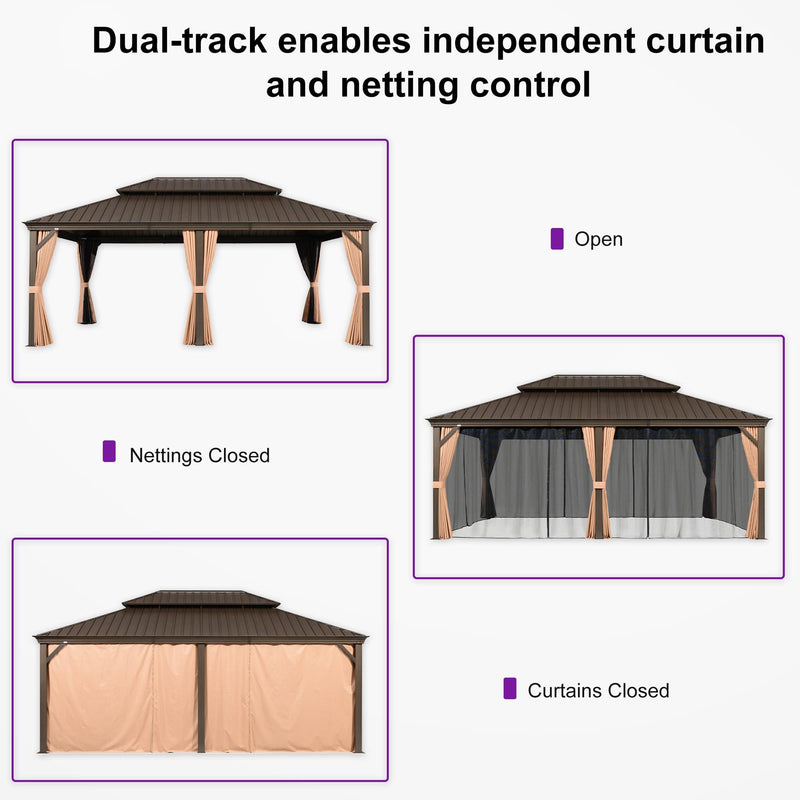 PURPLE LEAF Outdoor Hardtop Gazebo for Garden Bronze Double Roof Aluminum Frame Pavilion with String Lights-milky