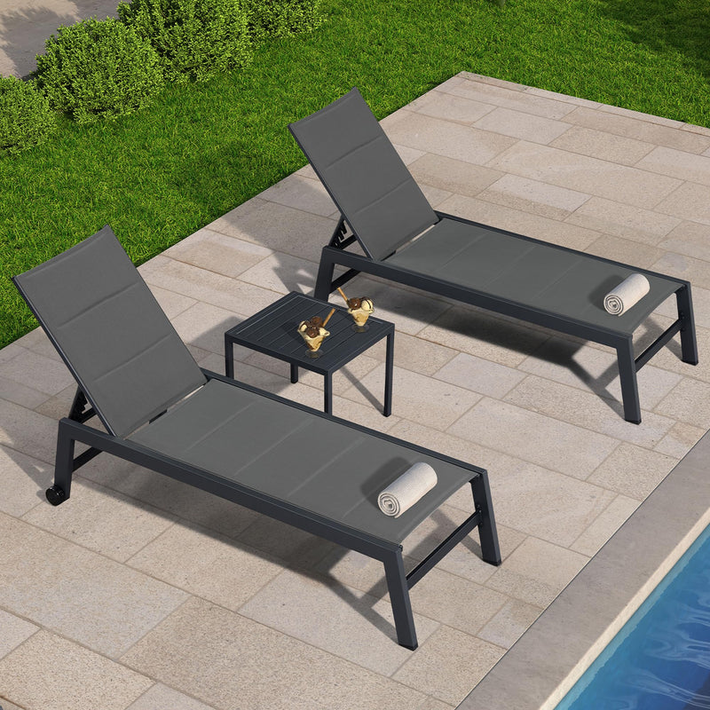 PURPLE LEAF Outdoor Aluminum Chaise Lounge Set of 3 with Wheels and Side Table for Outdoor Backyard Poolside