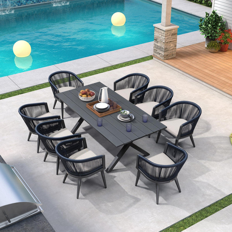 PURPLE LEAF Outdoor Dining Table Set All-Weather Aluminum with Wood Grain Table and Rope Woven Chairs Includes Backyard Patio Cushions