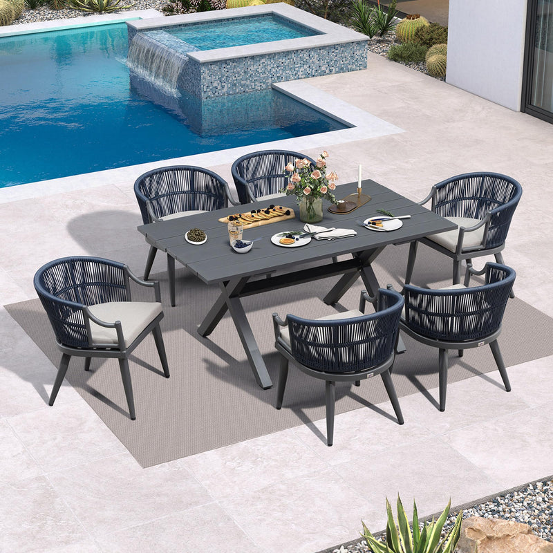 PURPLE LEAF Outdoor Dining Set All Weather Wicker Patio Dining Set with Rectangular Aluminum Table and Modern Armrest Dining Chairs for Garden Deck Backyard Kitchen