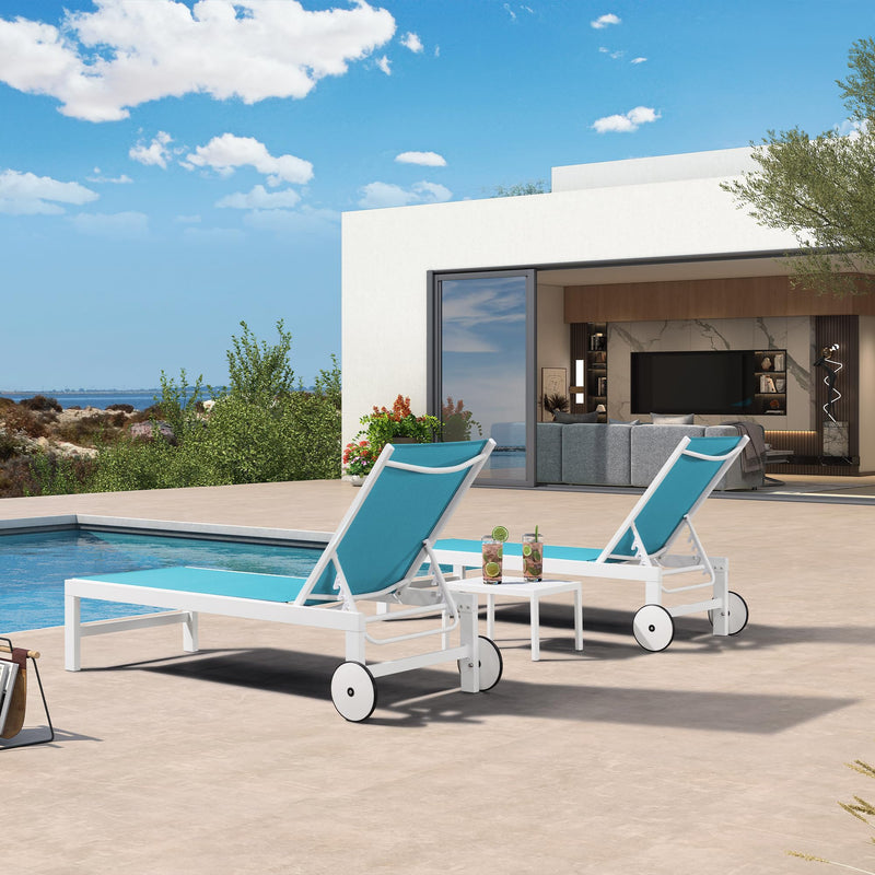 PURPLE LEAF Outdoor Chaise Lounge Chairs Set of 2 White Aluminum Lounge Chair Five-Position Adjustable Chaise with Wheels and Table for Pool Deck Patio