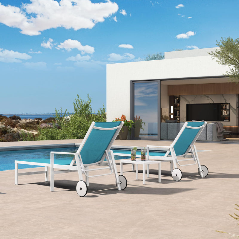 PURPLE LEAF Outdoor Chaise Lounge Chairs Set of 2 White Aluminum Lounge Chair Five-Position Adjustable Chaise with Wheels and Table for Pool Deck Patio