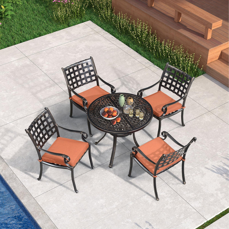 PURPLE LEAF Cast Aluminum Patio Dining Armchairs and Round Table | Rhombus and Square Lattice Designs