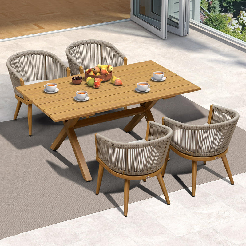 PURPLE LEAF Outdoor Dining Table Set All-Weather Aluminum with Wood Grain Table and Rope Woven Chairs Includes Backyard Patio Cushions