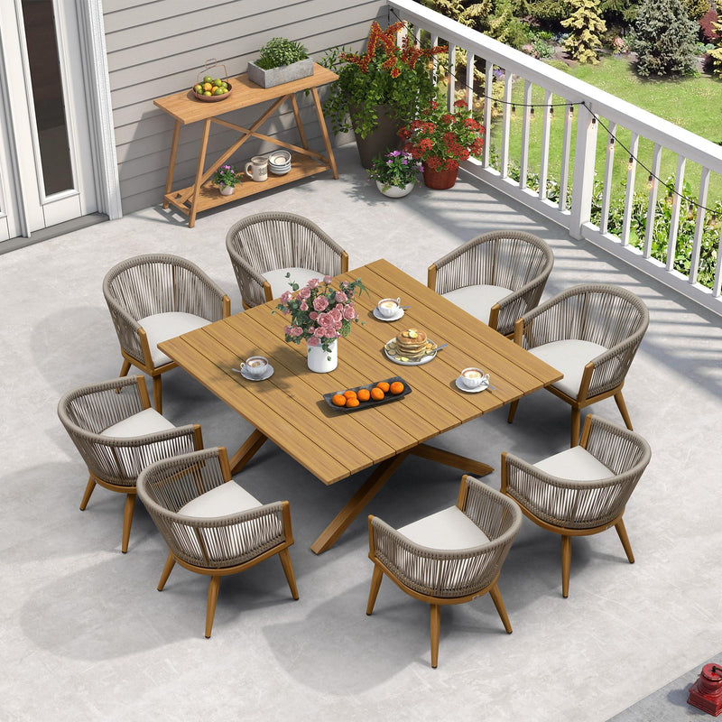 PURPLE LEAF Outdoor Dining Table Set All-Weather Aluminum with Wood Grain Table and Rope Woven Chairs Includes Backyard Patio Cushions
