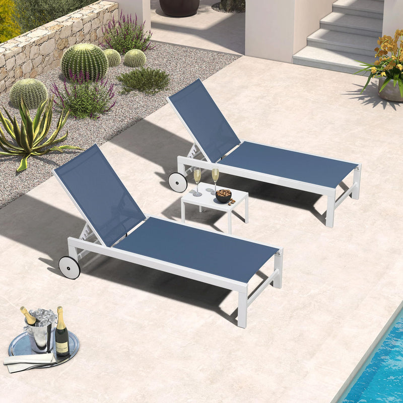 PURPLE LEAF Outdoor Chaise Lounge Chairs Set of 2 White Aluminum Lounge Chair Five-Position Adjustable Chaise with Wheels and Table for Pool Deck Patio