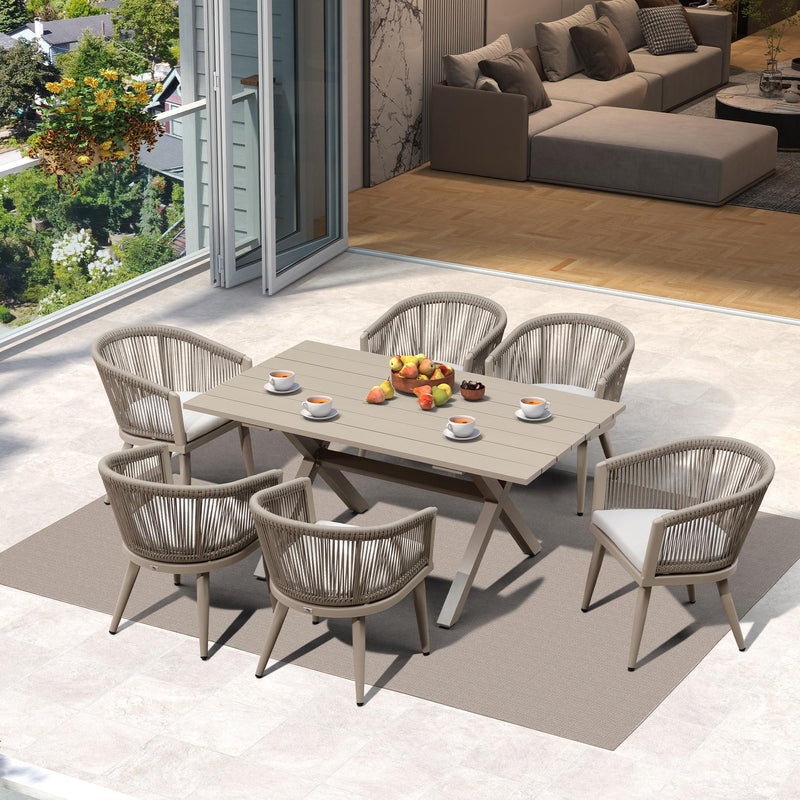 PURPLE LEAF Outdoor Dining Table Set All-Weather Aluminum with Wood Grain Table and Rope Woven Chairs Includes Backyard Patio Cushions