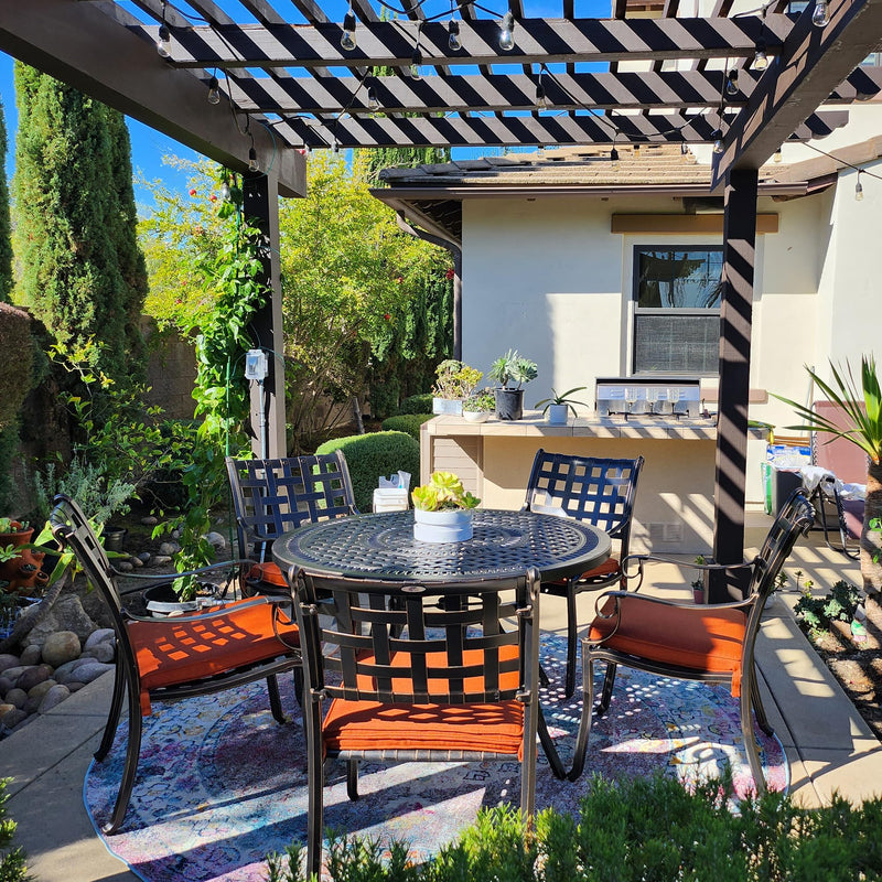 PURPLE LEAF Cast Aluminum Patio Dining Armchairs and Round Table | Rhombus and Square Lattice Designs