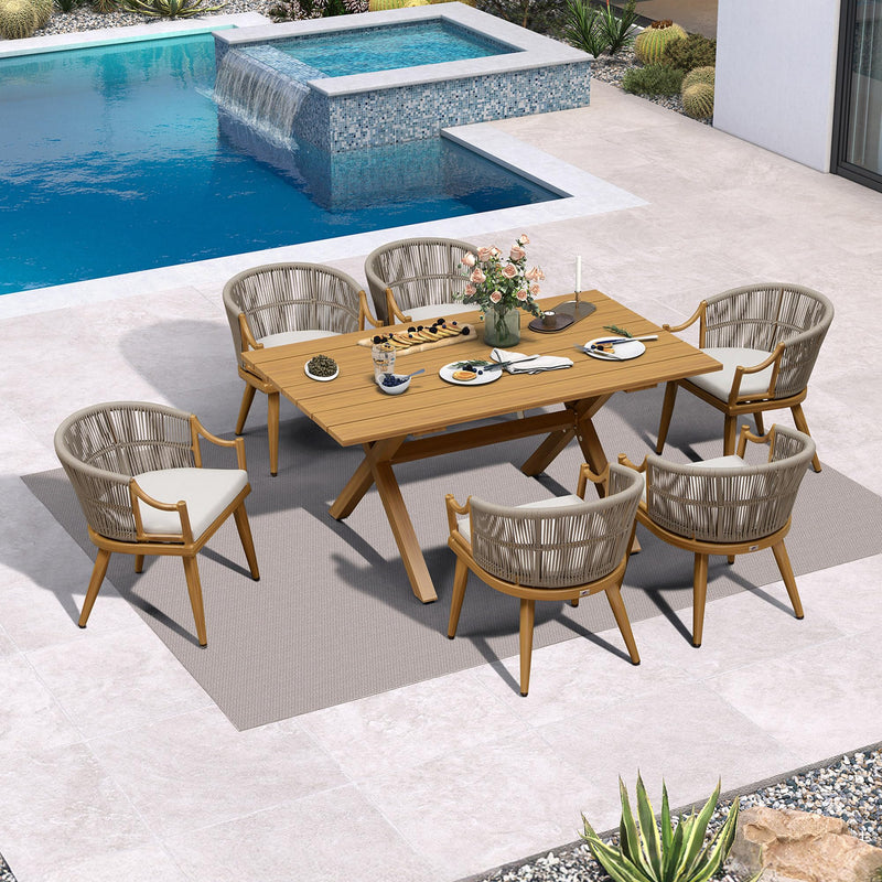 PURPLE LEAF Outdoor Dining Set All Weather Wicker Patio Dining Set with Rectangular Aluminum Table and Modern Armrest Dining Chairs for Garden Deck Backyard Kitchen