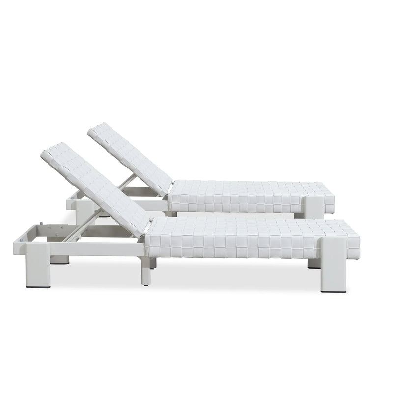 Two-piece white rattan chaise lounges with adjustable backrests, patio furniture