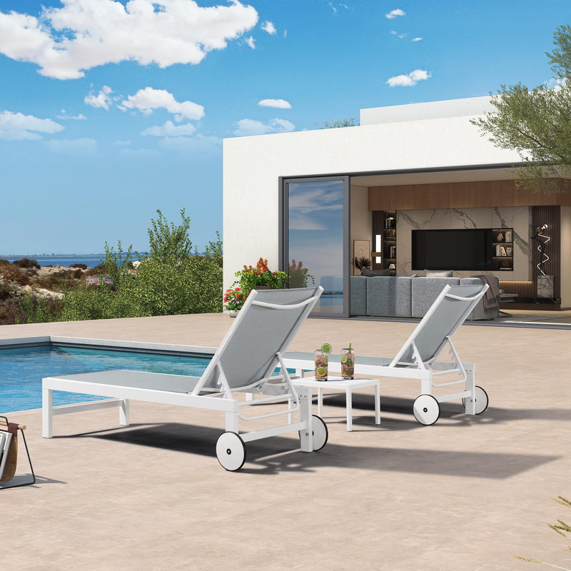PURPLE LEAF Outdoor Chaise Lounge Chairs Set of 2 White Aluminum Lounge Chair Five-Position Adjustable Chaise with Wheels and Table for Pool Deck Patio