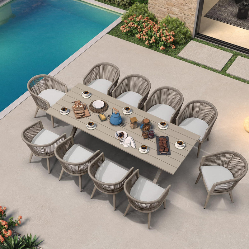 PURPLE LEAF Outdoor Dining Table Set All-Weather Aluminum with Wood Grain Table and Rope Woven Chairs Includes Backyard Patio Cushions