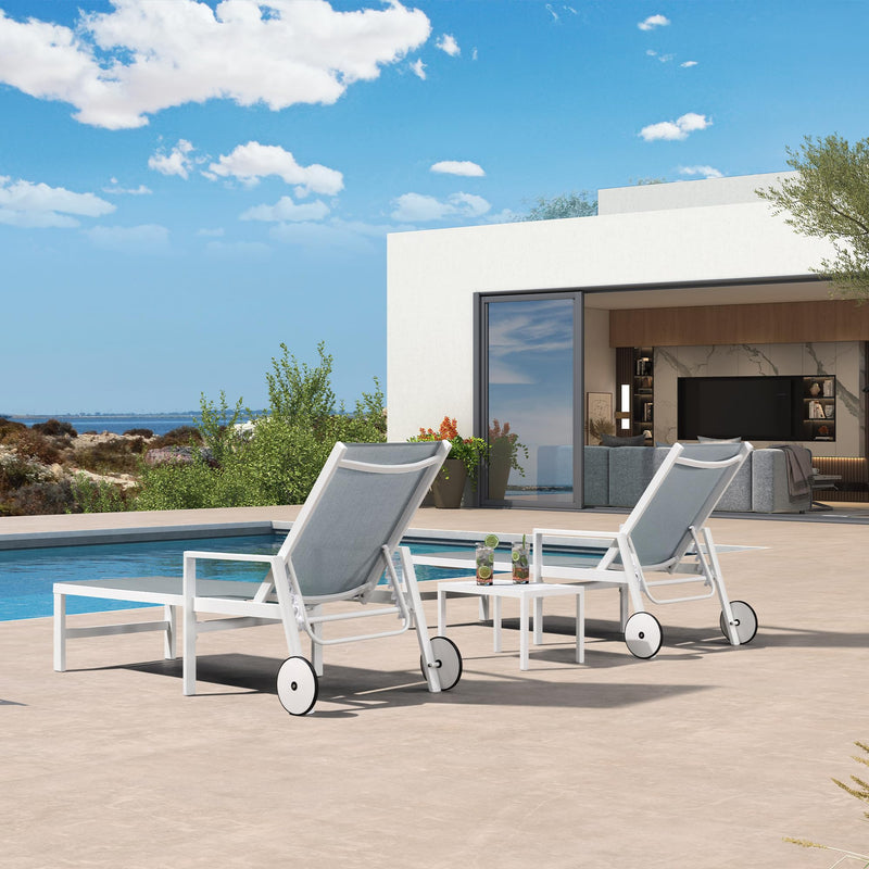PURPLE LEAF Outdoor Chaise Lounge Chairs Set of 2 White Aluminum Lounge Chair Five-Position Adjustable Chaise with Wheels and Table for Pool Deck Patio