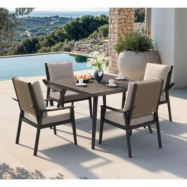 PURPLE LEAF Outdoor Dining Set with 1.57" Umbrella Hole and Thick Cushion Heavy-Duty Metal Patio Dining Furniture Set with Table and  Wicker Chairs for Lawn Garden Backyard Deck