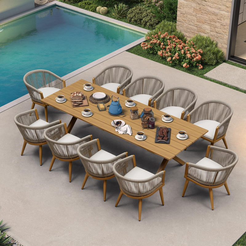 PURPLE LEAF Outdoor Dining Table Set All-Weather Aluminum with Wood Grain Table and Rope Woven Chairs Includes Backyard Patio Cushions