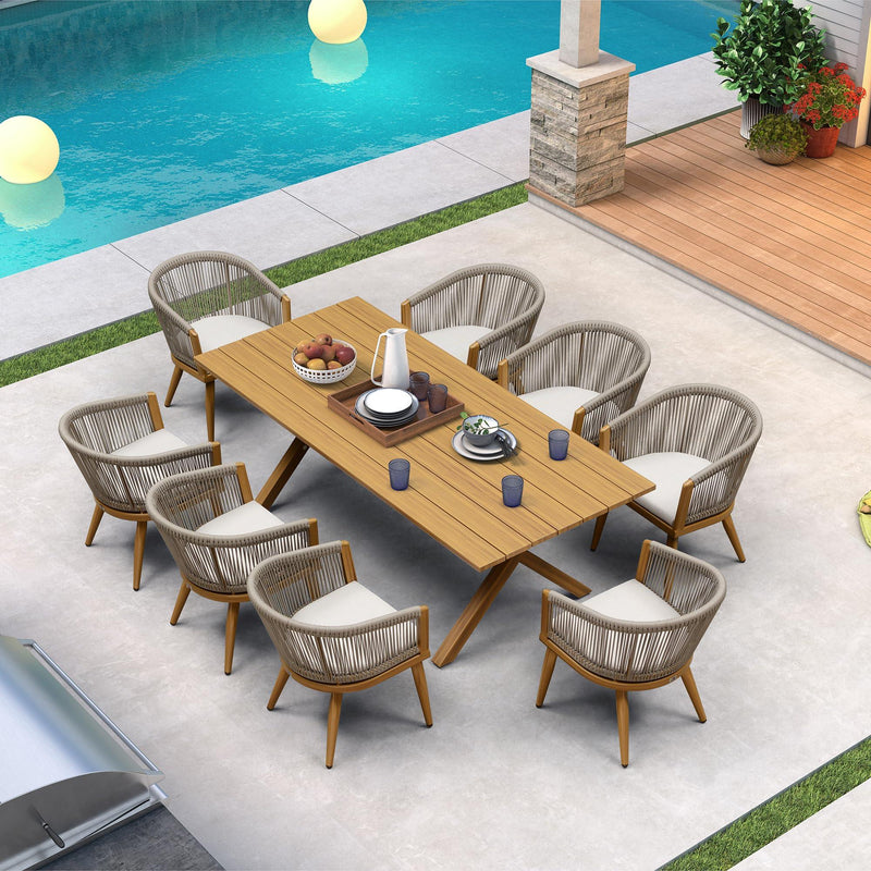 PURPLE LEAF Outdoor Dining Table Set All-Weather Aluminum with Wood Grain Table and Rope Woven Chairs Includes Backyard Patio Cushions