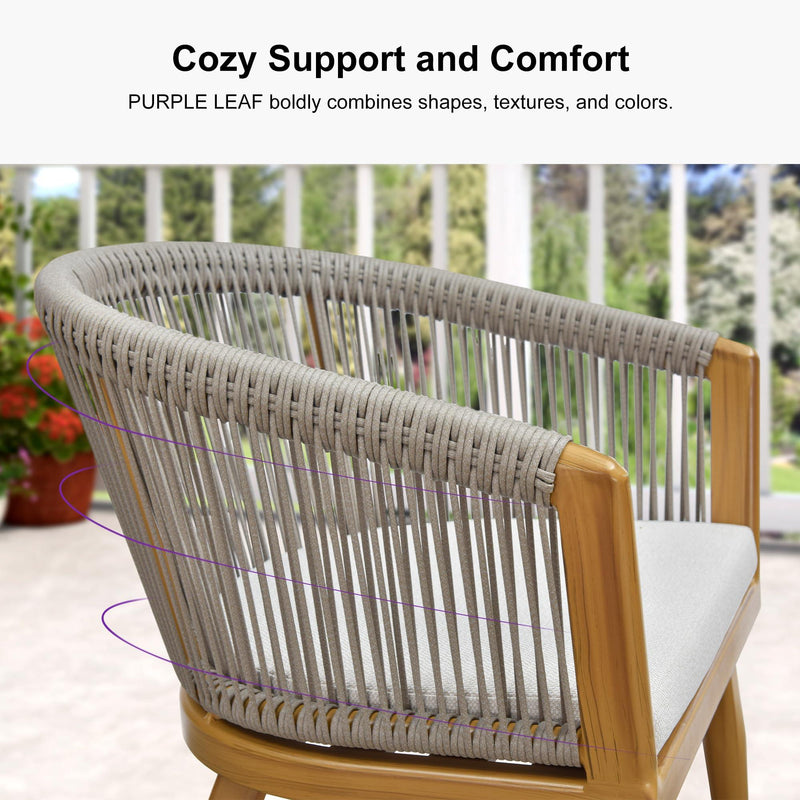 PURPLE LEAF Outdoor Dining Table Set All-Weather Aluminum with Wood Grain Table and Rope Woven Chairs Includes Backyard Patio Cushions