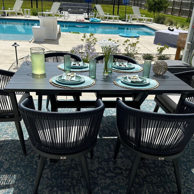 PURPLE LEAF Outdoor Dining Table Set All-Weather Aluminum with Wood Grain Table and Rope Woven Chairs Includes Backyard Patio Cushions