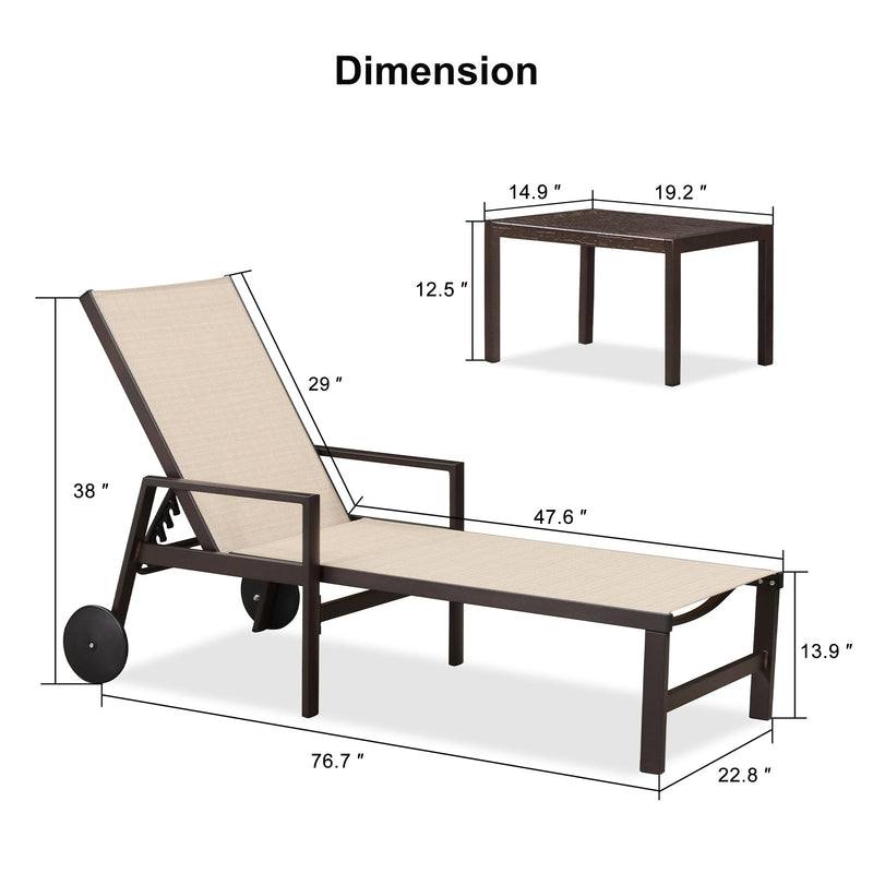 PURPLE LEAF Pool Chaise Lounge with Armrests and Aluminum Adjustable Backrest Lounge Chairs for Deck Outside Lawn Garden, Side Table Included