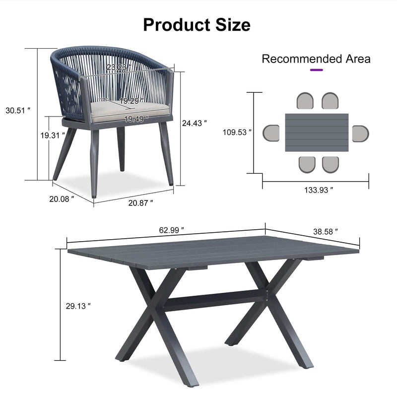 PURPLE LEAF Outdoor Dining Table Set All-Weather Aluminum with Wood Grain Table and Rope Woven Chairs Includes Backyard Patio Cushions