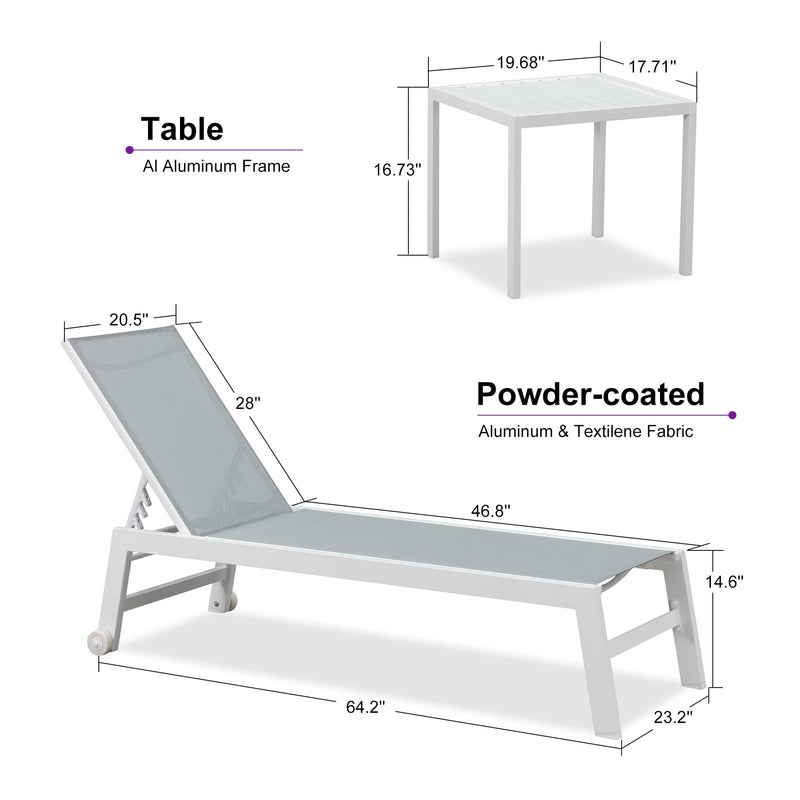 PURPLE LEAF Outdoor Chaise Lounge Chairs Set of 2 White Aluminum Lounge Chair Five-Position Adjustable Chaise with Wheels and Table for Pool Deck Patio