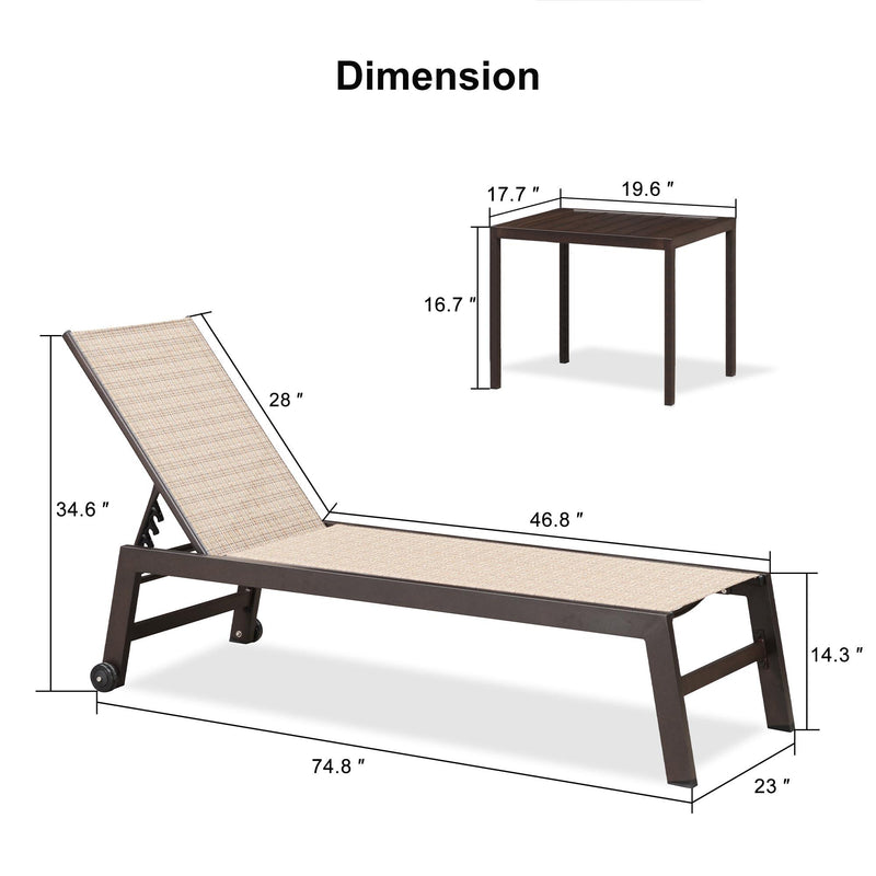 PURPLE LEAF Patio Chaise Lounge Set of 3, Aluminum Chaise Lounge with Adjustable Backrest and Wheels for Deck, Pool, Lawn, Garden, Waterproof & Easy Assembly