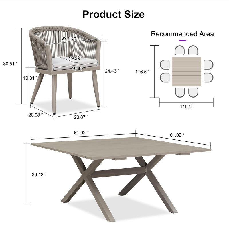 PURPLE LEAF Outdoor Dining Table Set All-Weather Aluminum with Wood Grain Table and Rope Woven Chairs Includes Backyard Patio Cushions