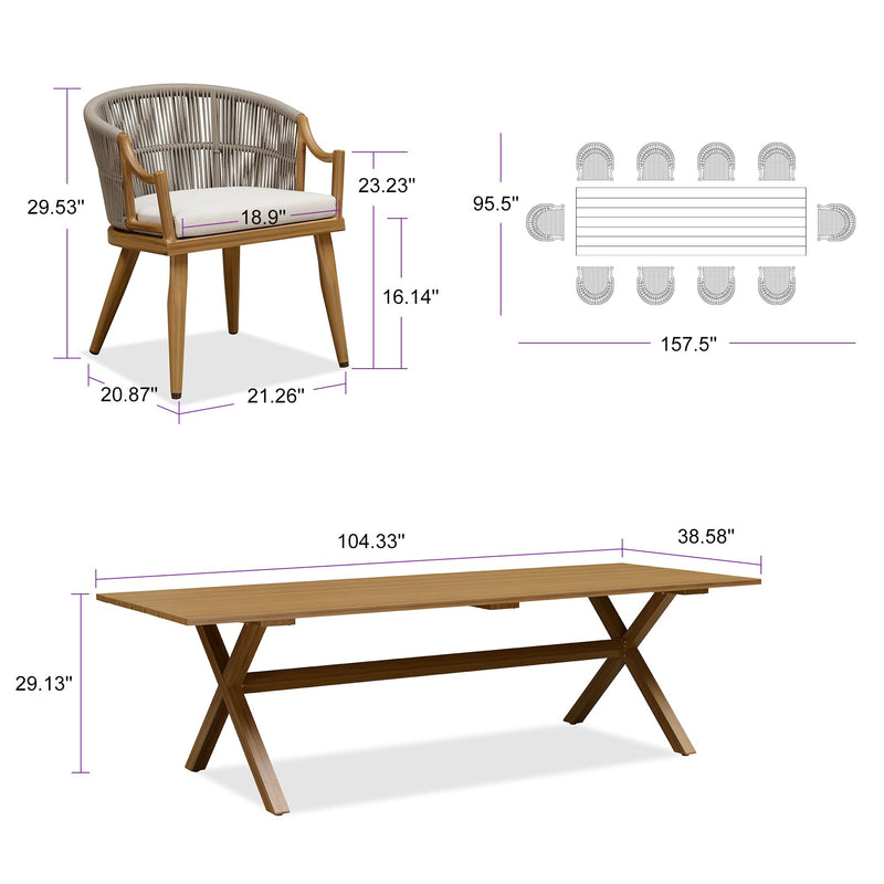 PURPLE LEAF Outdoor Dining Set All Weather Wicker Patio Dining Set with Rectangular Aluminum Table and Modern Armrest Dining Chairs for Garden Deck Backyard Kitchen