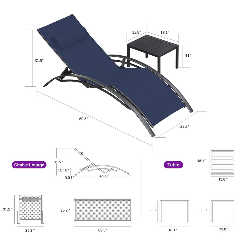 OPEN BOX I PURPLE LEAF Patio Chaise Lounge Set Outdoor Beach Pool Sunbathing Lawn Lounger Recliner Chair Outside Chairs with Side Table Included