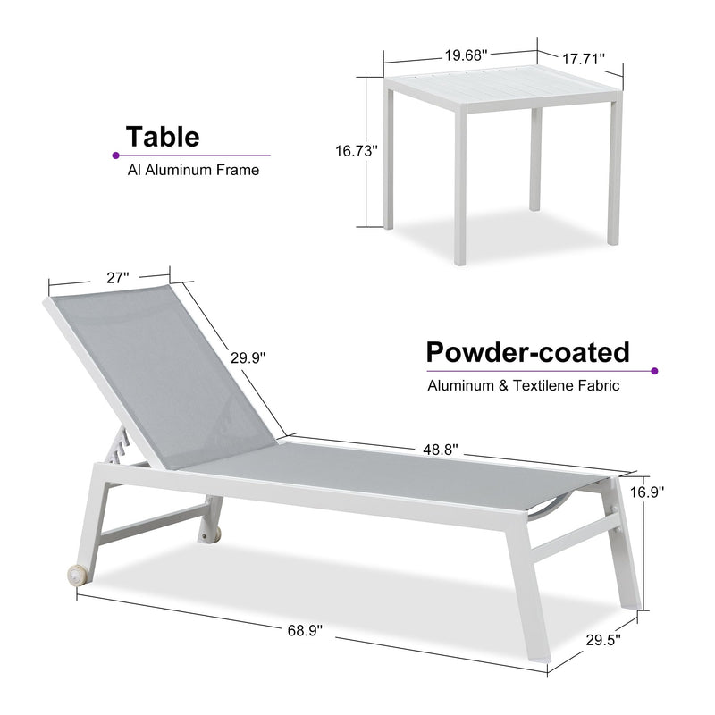 PURPLE LEAF Outdoor Chaise Lounge Chairs Set of 2 White Aluminum Lounge Chair Five-Position Adjustable Chaise with Wheels and Table for Pool Deck Patio