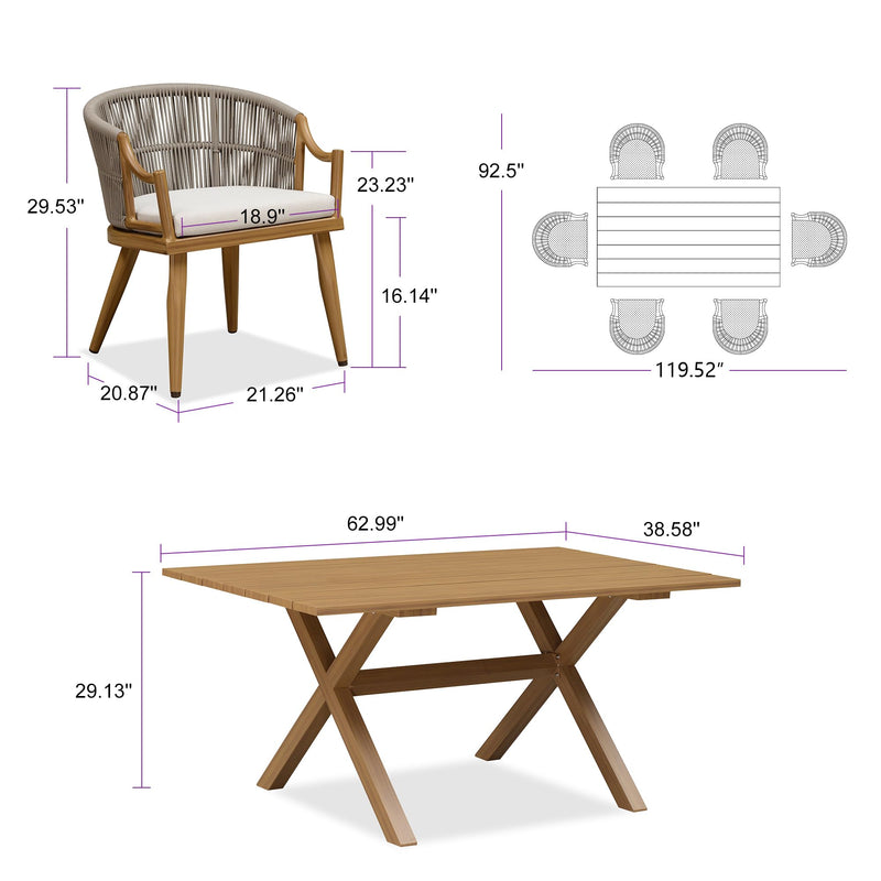 PURPLE LEAF Outdoor Dining Set All Weather Wicker Patio Dining Set with Rectangular Aluminum Table and Modern Armrest Dining Chairs for Garden Deck Backyard Kitchen