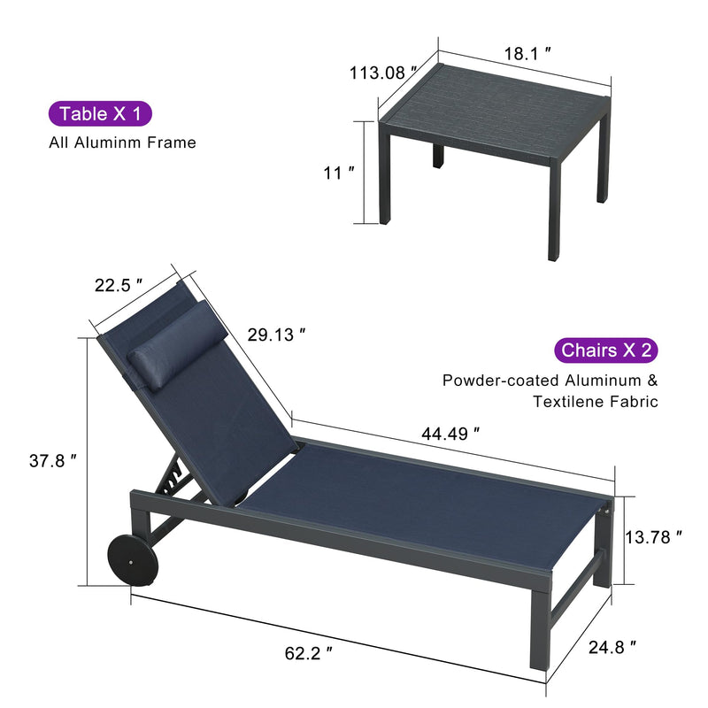 PURPLE LEAF Lounge Chair Set for Outside Aluminum Patio Recliner with Side Table and Pillow Beach Sunbathing Tanning Chairs Pool Chaise Lounger Outdoor