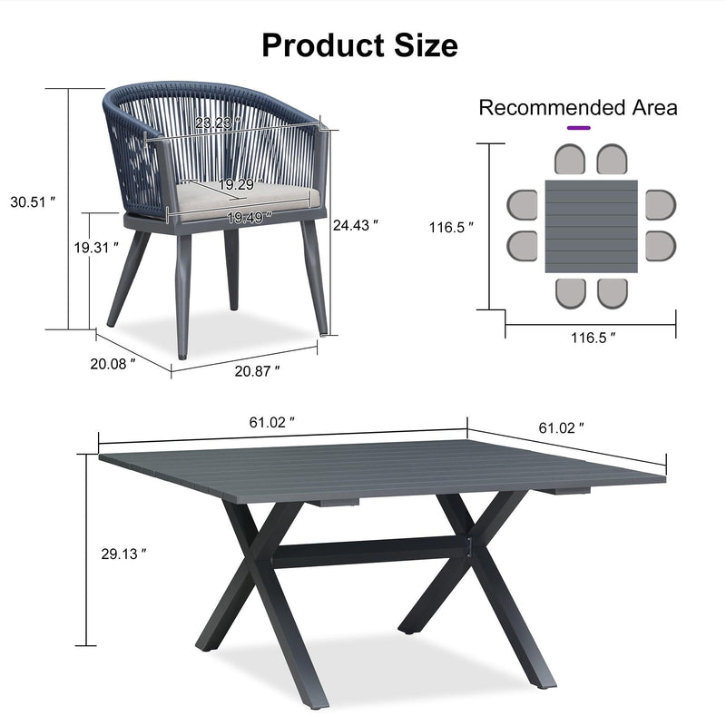 PURPLE LEAF Outdoor Dining Table Set All-Weather Aluminum with Wood Grain Table and Rope Woven Chairs Includes Backyard Patio Cushions