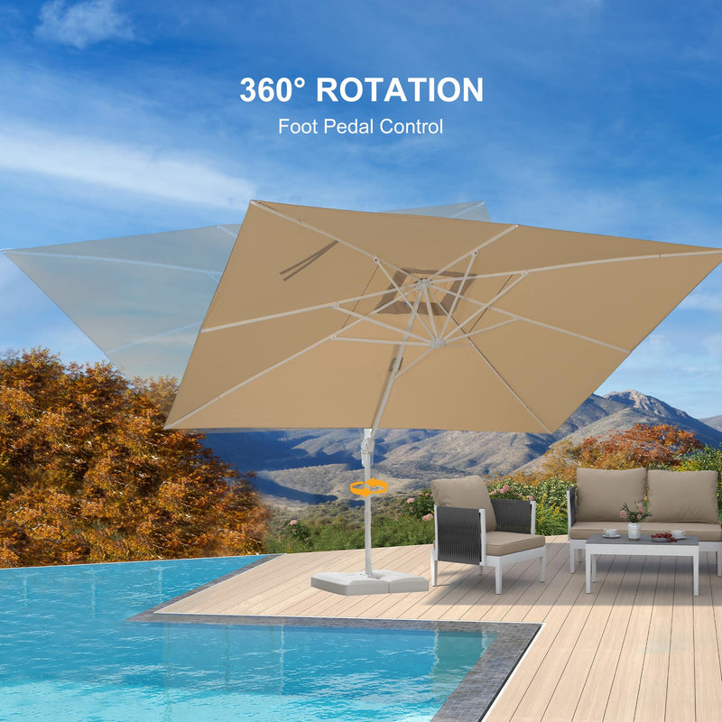The PURPLE LEAF White Economy Patio Umbrella crank system makes it easy to adjust the canopy height and angle. Simply step on the foot pedal and twist the umbrella pole to rotate 360° horizontally, as well as simply slide the handle up and down to adjust the height in 5 positions, which can shade the sunlight in any direction.
