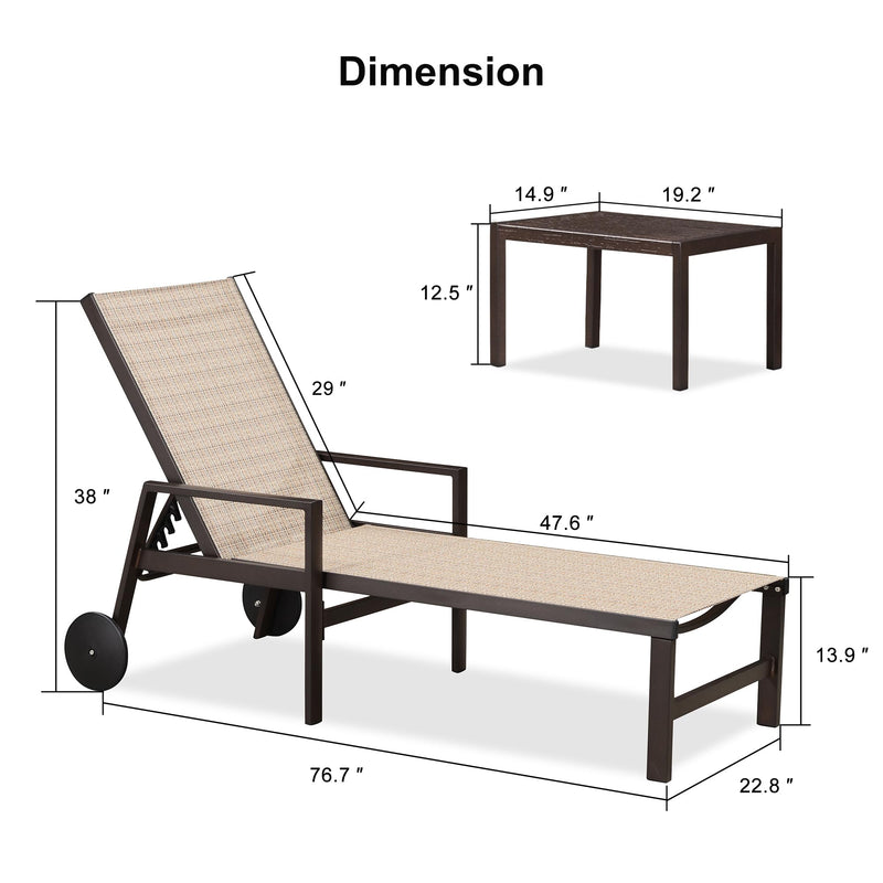 PURPLE LEAF Pool Chaise Lounge with Armrests and Aluminum Adjustable Backrest Lounge Chairs for Deck Outside Lawn Garden, Side Table Included