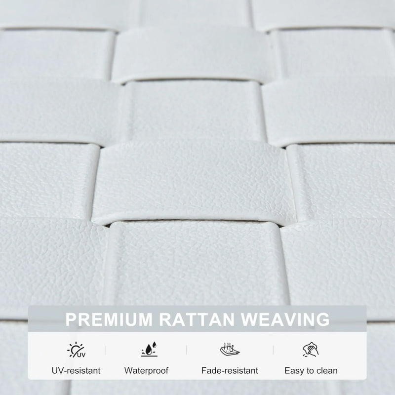 Close-up of white premium rattan weaving for outdoor furniture, UV-resistant, waterproof, fade-resistant, and easy to clean.